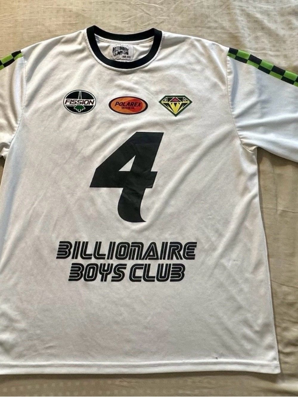 Billionaire Boys Club White Jersey with Black Number 4 and Green Checker Accents